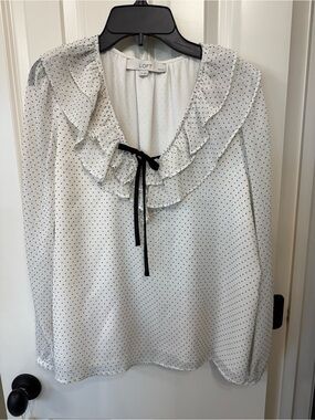 LOFT White Blouse with Black Polka Dots and Ruffle Collar